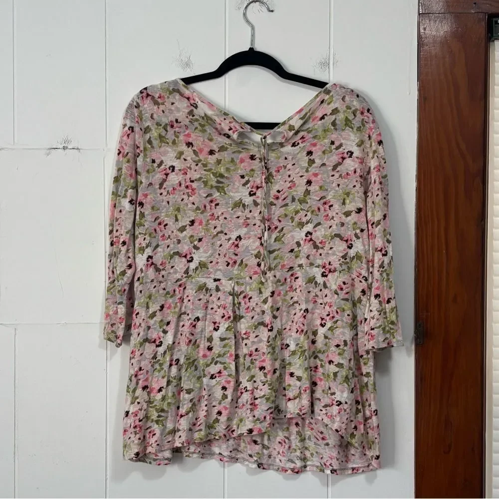 J. Jill Love Linen Springtime Floral Keyhole Tie Back Tunic Blouse Top Large - Picture 6 of 6